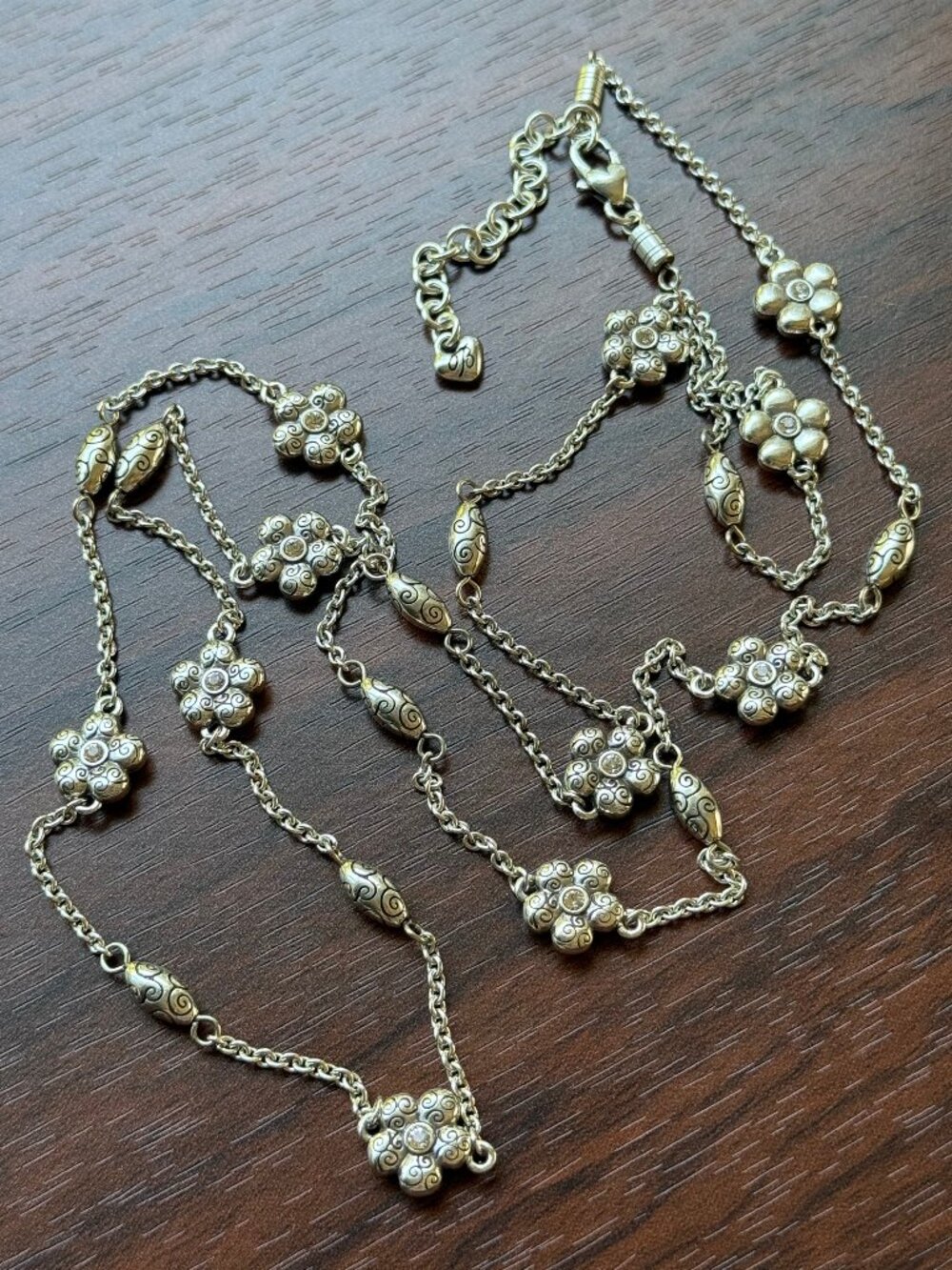 Brighton Silver Plated Flower Swirl Station Necklace with Rhinestones